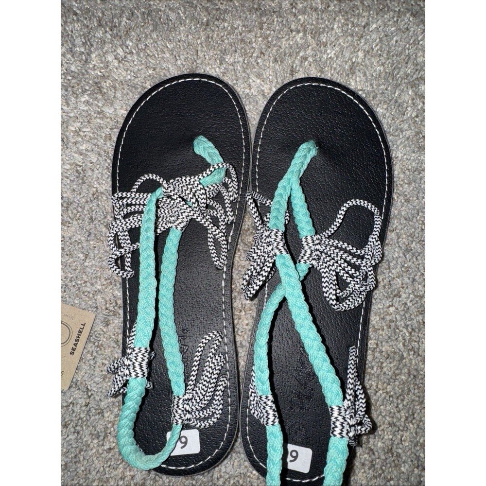 Plaka Women's Sandals Handwoven Sz  6 Aqua Black Flat String Beach Vacay Bag